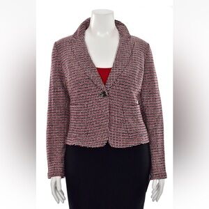 St. John Knit Jacket Navy Blue White Red Black Blazer Cropped Style Size 12 Wool